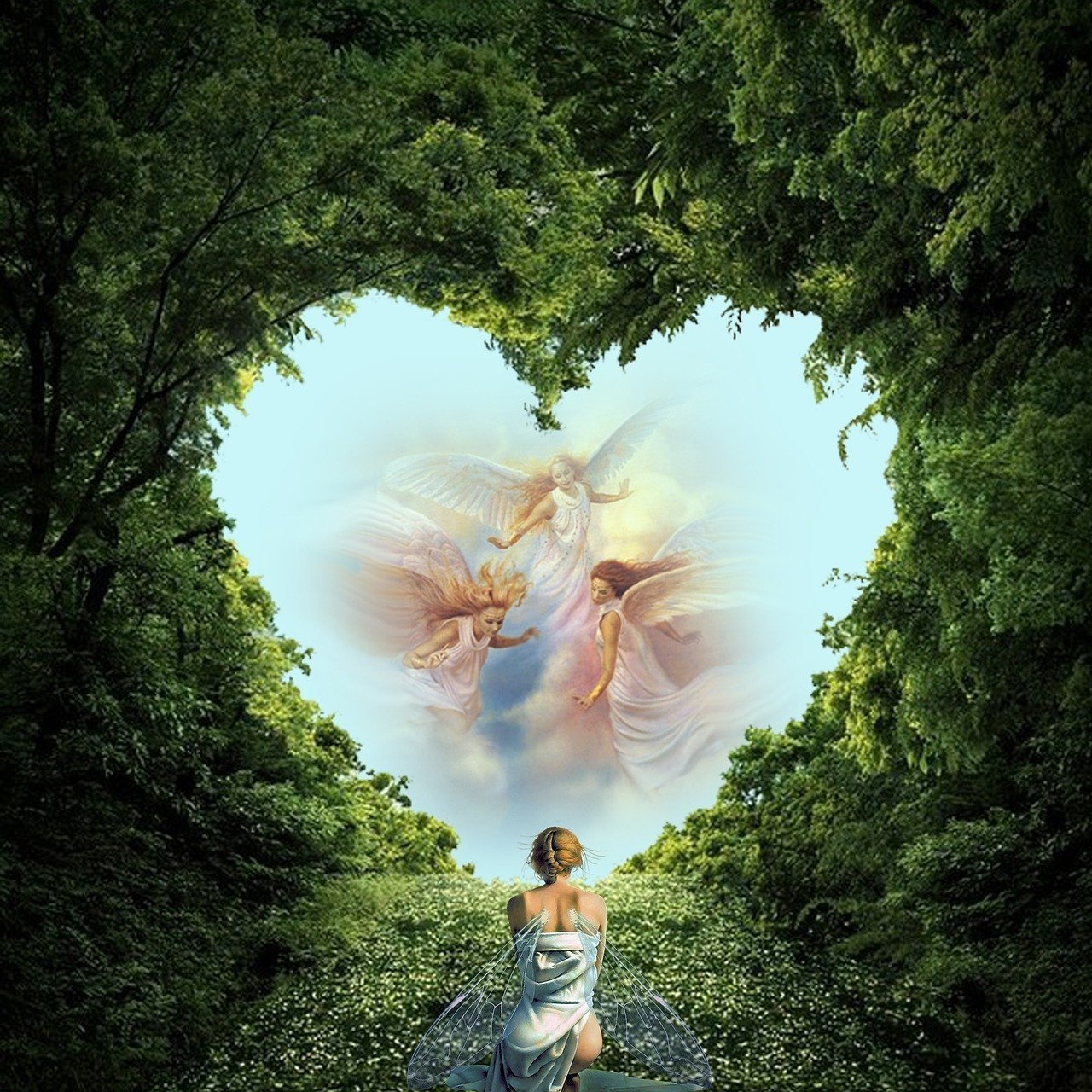 como-canalizar Imagen onÃrica de un hada, rezando de epaldas, frente aun corazón formado por la frondosidad de un bosque alrededor del cielo, donde se ven trés ángeles
